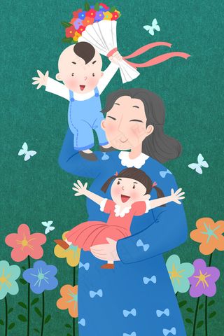 卡通手绘风母亲节母子母女配图