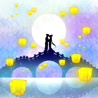 七夕情侣古桥相会,免抠元素