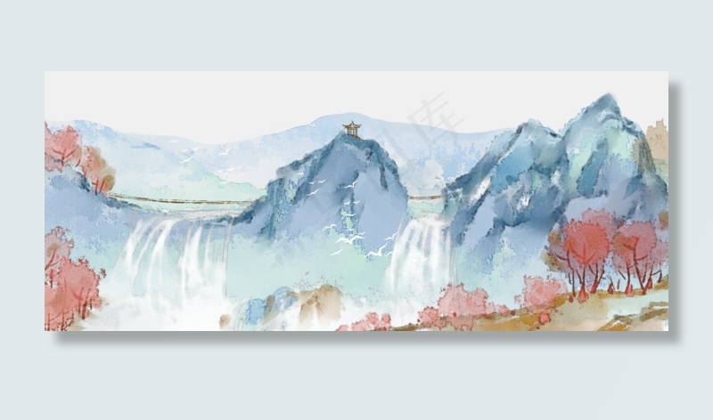 花峦飞瀑古典山水画水墨画PNG素材,免抠元素(1920*800px 300 dpi )psd模版下载