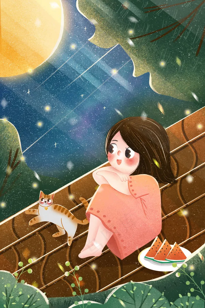 小清新夏夜女孩屋顶女孩仰望星空(3545X5315(DPI:300))psd模版下载