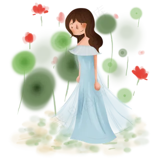 春天赏荷花的少女