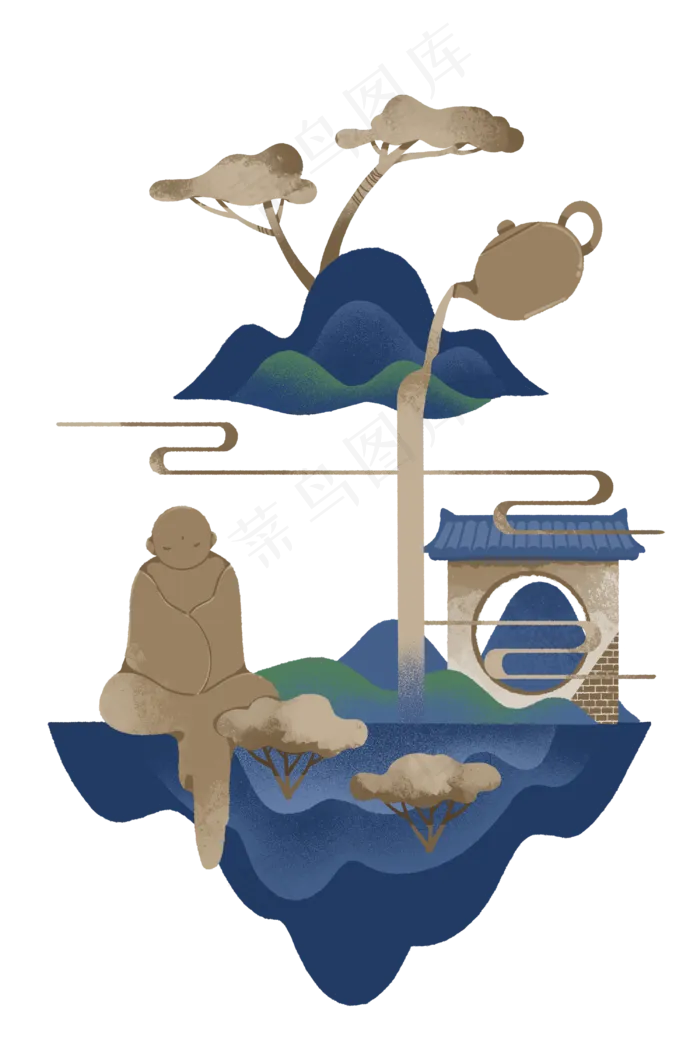 中国式山水装饰茶道茶艺佛陀童子(3000X4500(DPI:300))psd模版下载