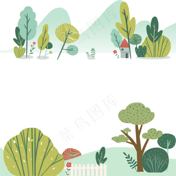 绿色森林远山童话小村庄装饰边框,免抠元素(3000X3000(DPI:300))psd模版下载