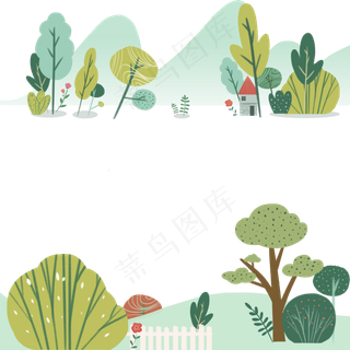 绿色森林远山童话小村庄装饰边框,免抠元素