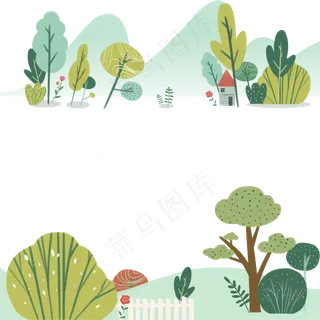 绿色森林远山童话小村庄装饰边框,免抠元素