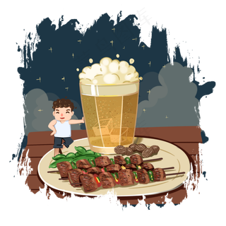 手绘风夏天啤酒撸串png,免抠元素