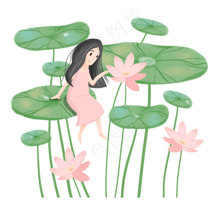 坐在荷叶上看荷花的女孩(2000X2000(DPI:300))psd模版下载