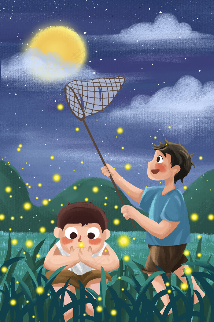 夏天夏季夜晚夏夜抓萤火虫男孩童年小清新