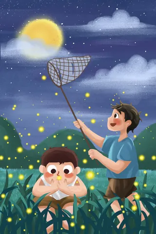 夏天夏季夜晚夏夜抓萤火虫男孩童年小清新