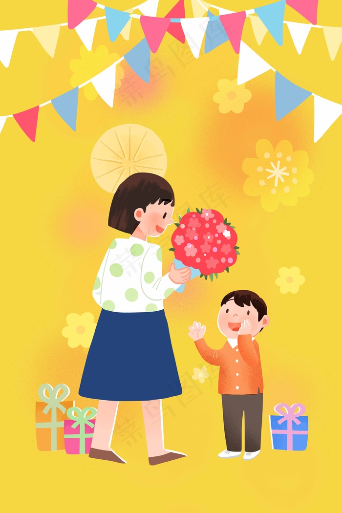 母亲节母亲温馨亲子彩色卡通清新手绘插画