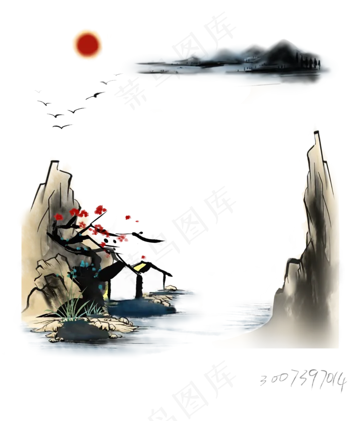 水墨风格山水边框(2500X3000(DPI:300))psd模版下载