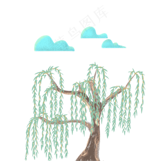 翠绿的柳枝漂浮的白云点缀着春色