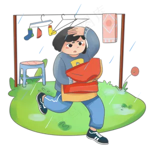 谷雨收衣服的小女孩