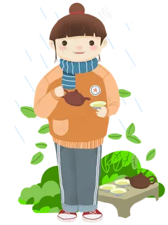 谷雨喝茶的小女孩