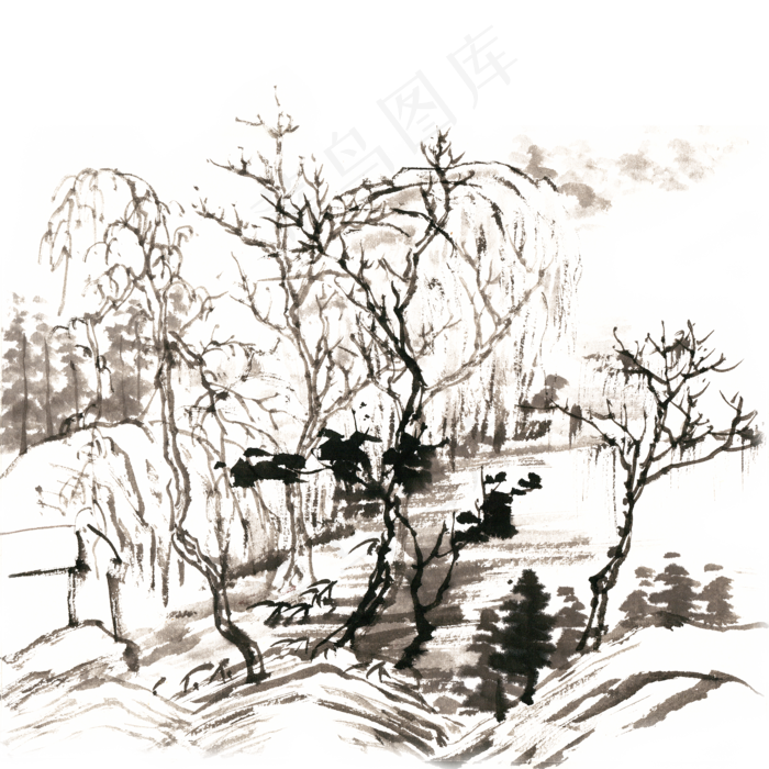 线描清幽山水图