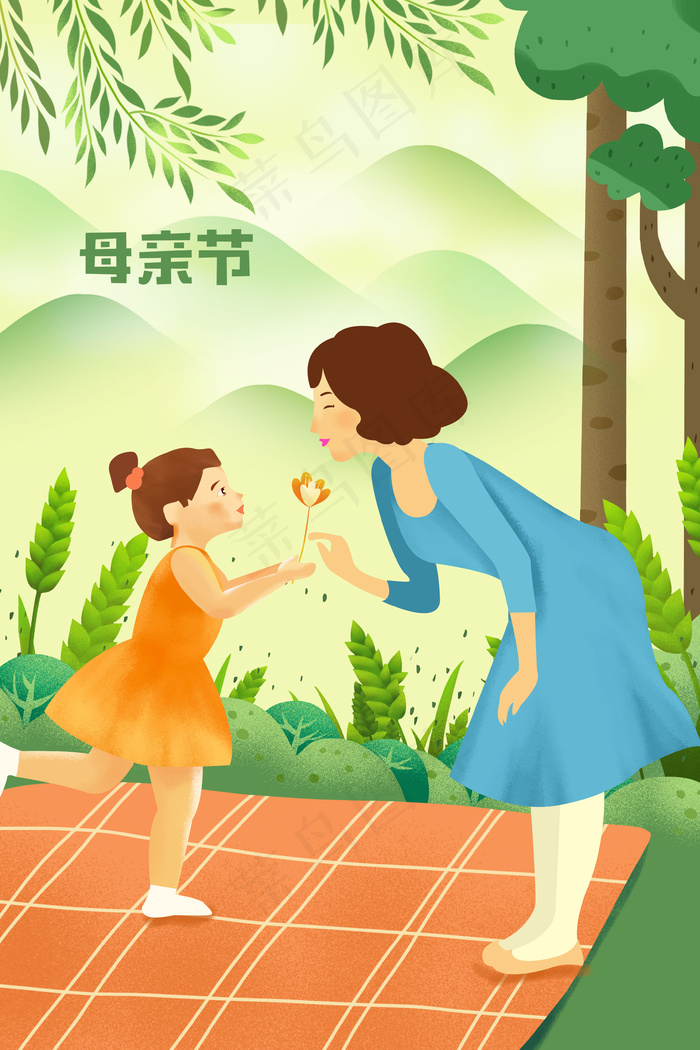 母亲节温馨母女出游插画