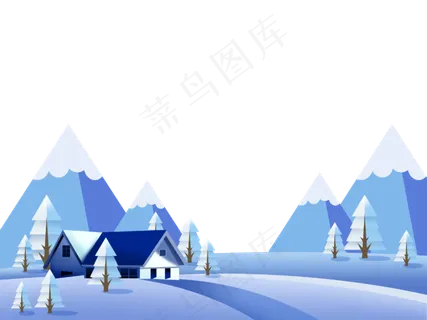冬日白色原野雪山小屋雪景装饰底,免抠元素