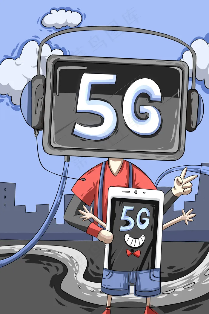 蓝色系卡通手绘风互联网科技5g配图