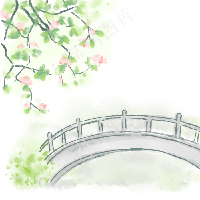 淡彩风格春天的花树和小桥,免抠元素(2000X2000(DPI:300))psd模版下载