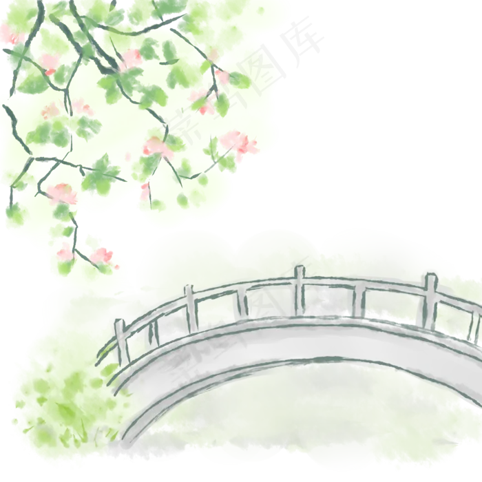 淡彩风格春天的花树和小桥,免抠元素(2000X2000(DPI:300))psd模版下载