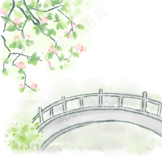 淡彩风格春天的花树和小桥,免抠元素