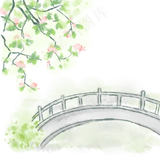 淡彩风格春天的花树和小桥,免抠元素