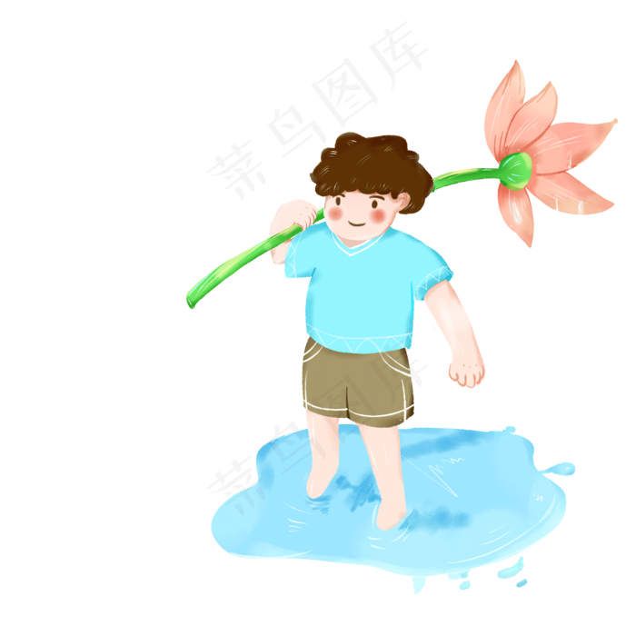 夏季大暑荷花小男孩