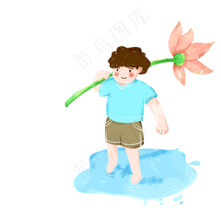 夏季大暑荷花小男孩