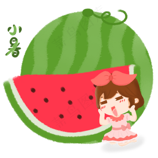 手绘创意小暑节气可爱女孩和西瓜