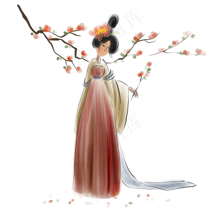 水墨桃树下的唐代少女