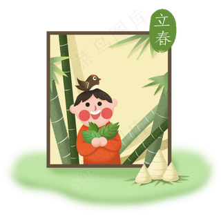 立春小孩捧着叶子竹叶二十四节气