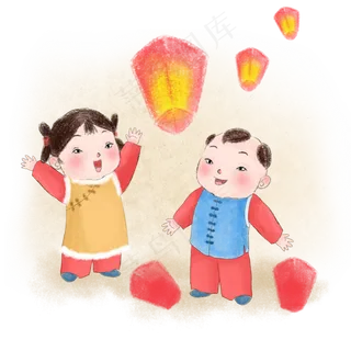 卡通手绘中国娃娃过大年,免抠元素