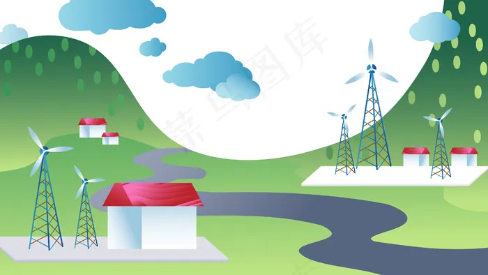 绿色系扁平科技草原绿洲风力发电配图(2880*1620px 300 dpi )ai矢量模版下载
