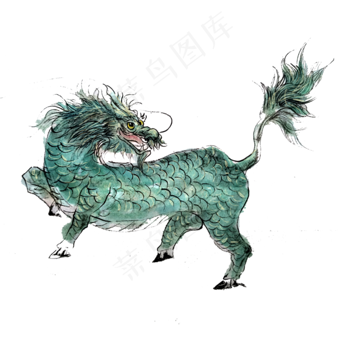 麒麟绿神兽祥瑞PNG年国画水墨古典,免抠元素(4000*4000px 300 dpi )psd模版下载