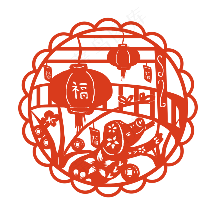 猪年窗花春节元素,免抠元素