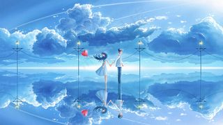 唯美治愈系天空云朵情侣海上牵手