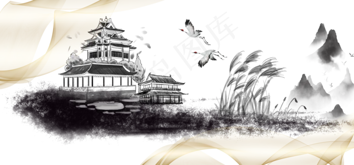 中式山水黑色简约三联装饰画(5315X2480(DPI:150))psd模版下载