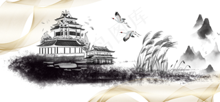 中式山水黑色简约三联装饰画