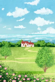 夏日小清新风景海洋草地治愈系