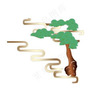 金色云纹青松手绘,免抠元素