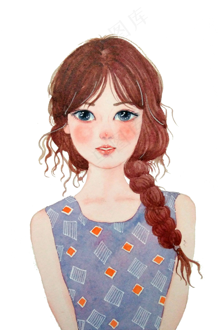 小清新少女麻花辫少女水彩手绘