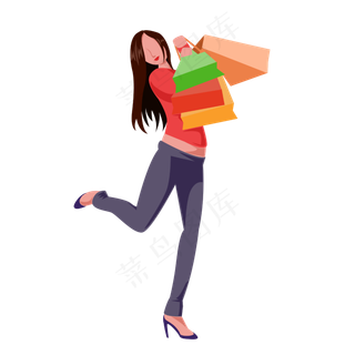 卡通扁平化时尚购物美女欢快奔跑,免抠元素