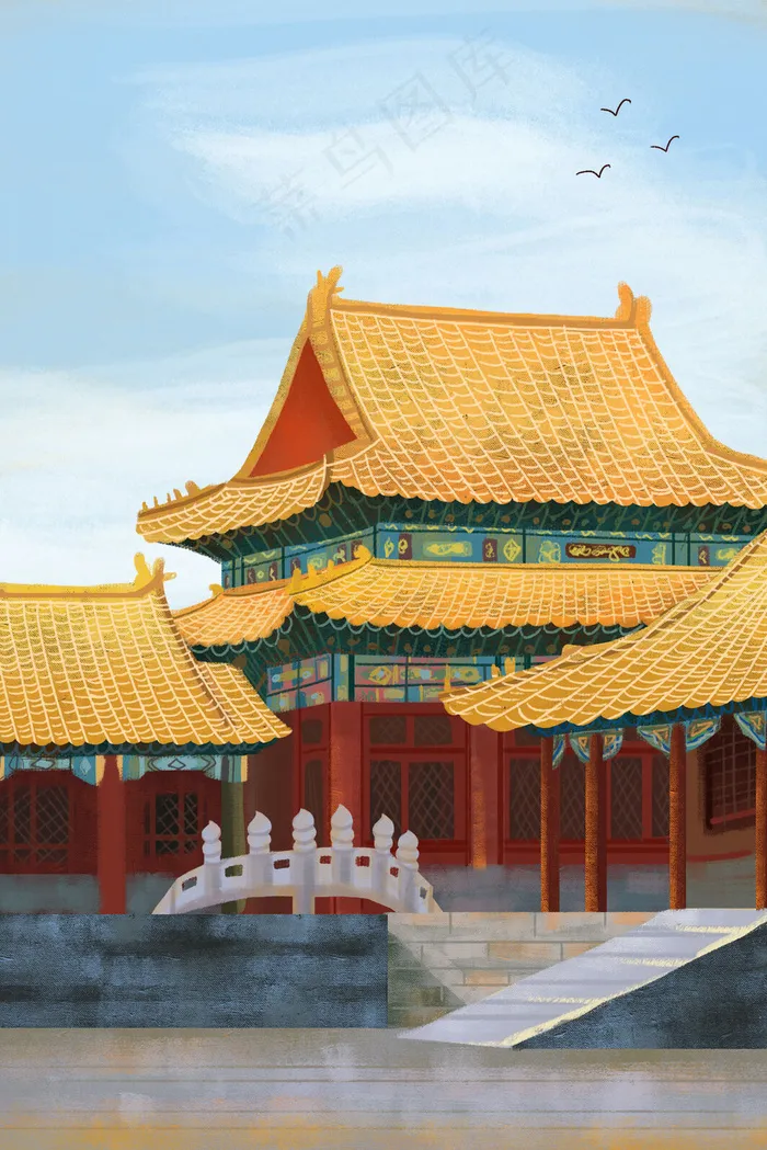 复古国潮晴空蓝天白云故宫一楼图(3545*5315px 300 dpi )psd模版下载