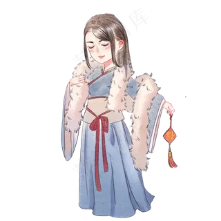 手绘中国风水彩古风小女孩儿过新,免抠元素