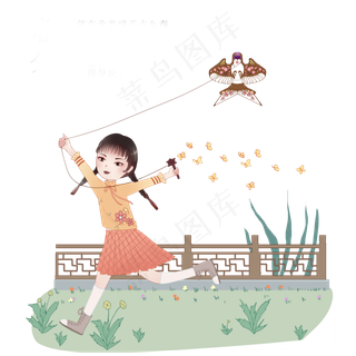 春分放风筝的女孩,免抠元素