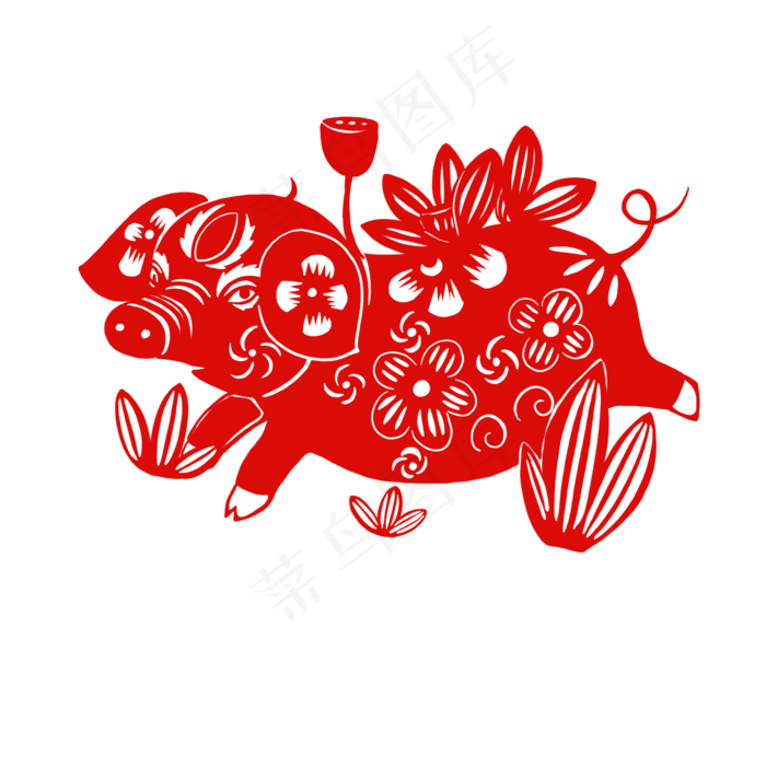 手绘春节剪纸猪荷花,免抠元素