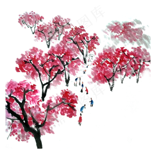 春天赏桃花春游PNG水墨国画清