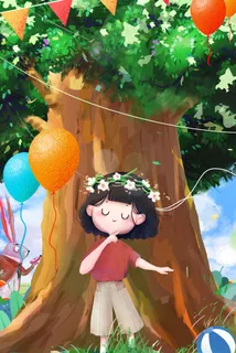 六一儿童节夏至唯美清新手绘风场景六月你好