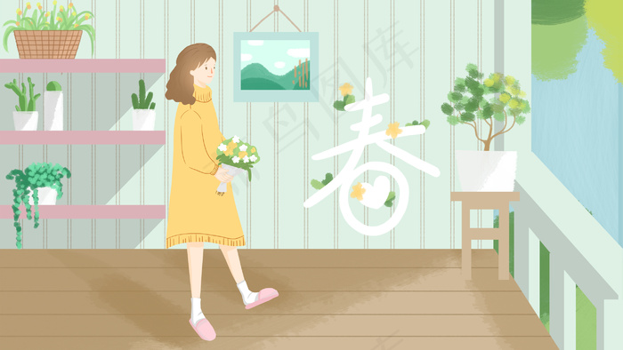 春天女孩花朵插画