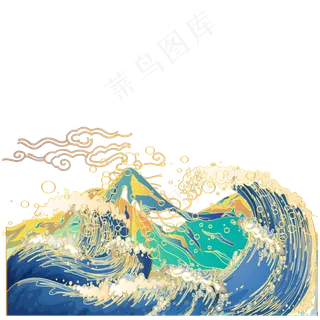 国潮彩色云纹海浪